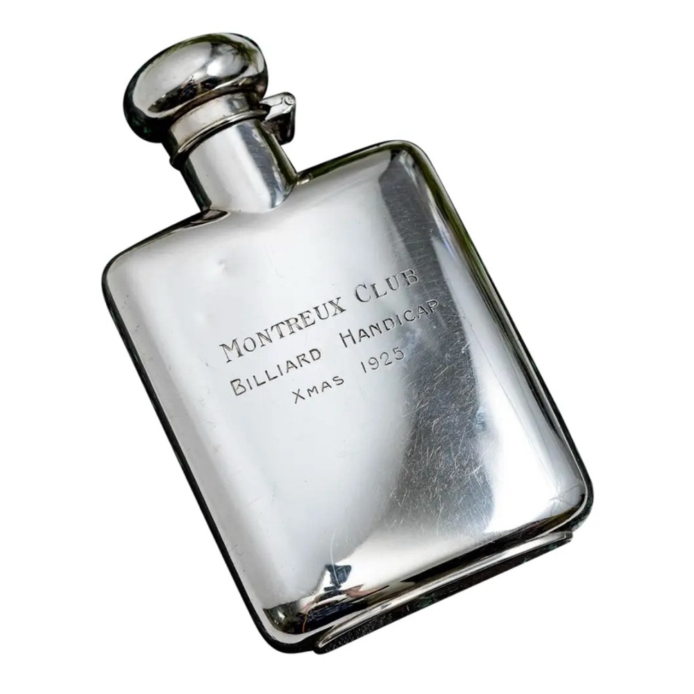 Antique 1925 Sterling Silver Hip Flask Engraved Xmas  Billiards Club Award